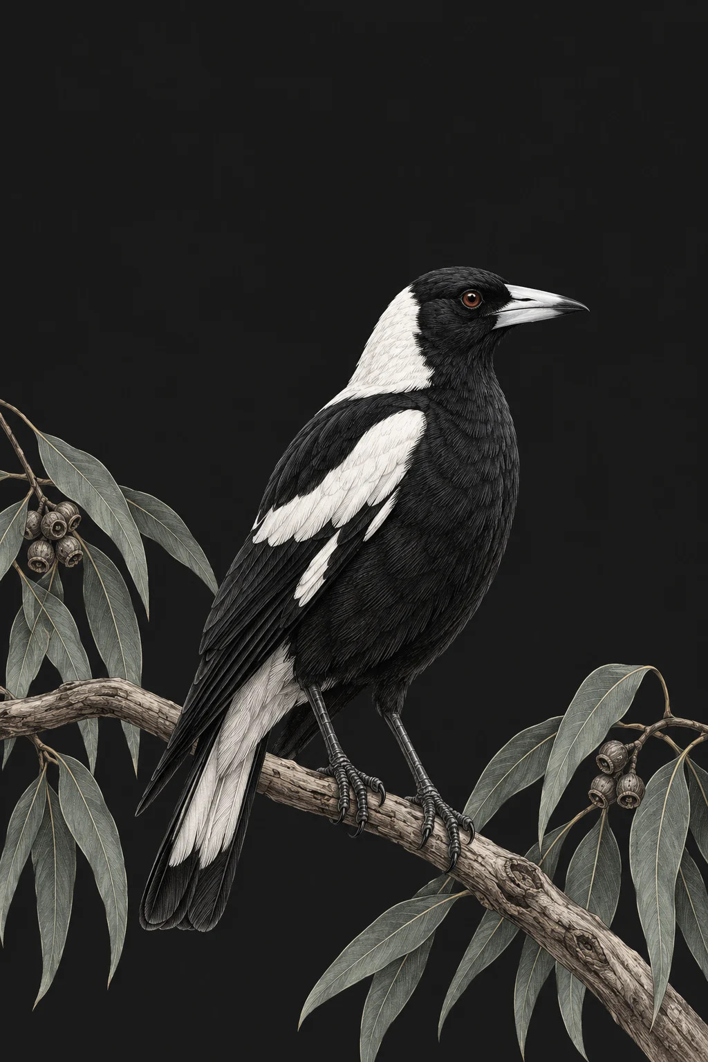 Australian magpie, its black plumage and white nape framed by eucalyptus leaves.